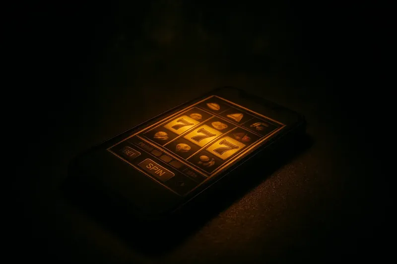 Smartphone face-up showing premium casino game grid on dark surface