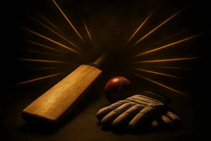 Close-up cricket equipment on dark surface with neon speed lines