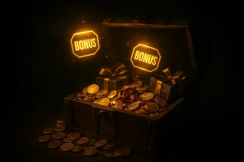 Golden treasure chest with coins, gems, gifts, and glowing bonus tags