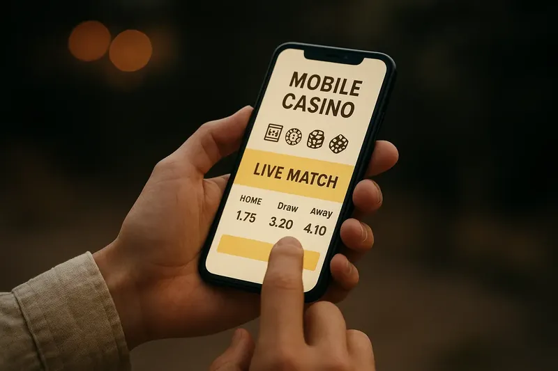 Hands holding smartphone with mobile casino interface and live match odds