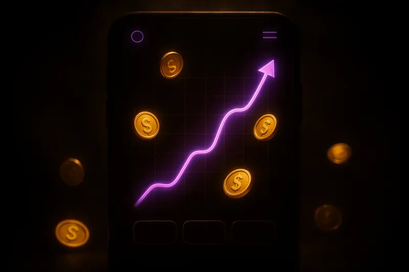 Mobile crash game interface with glowing curve graph and scattered coins