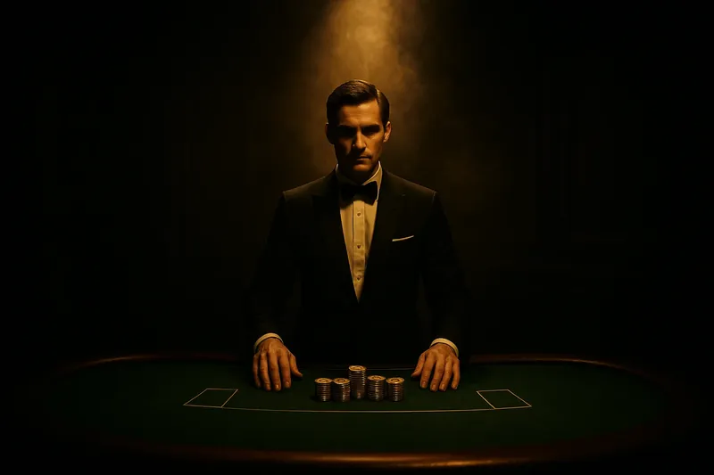 Professional dealer behind green felt table with golden chips