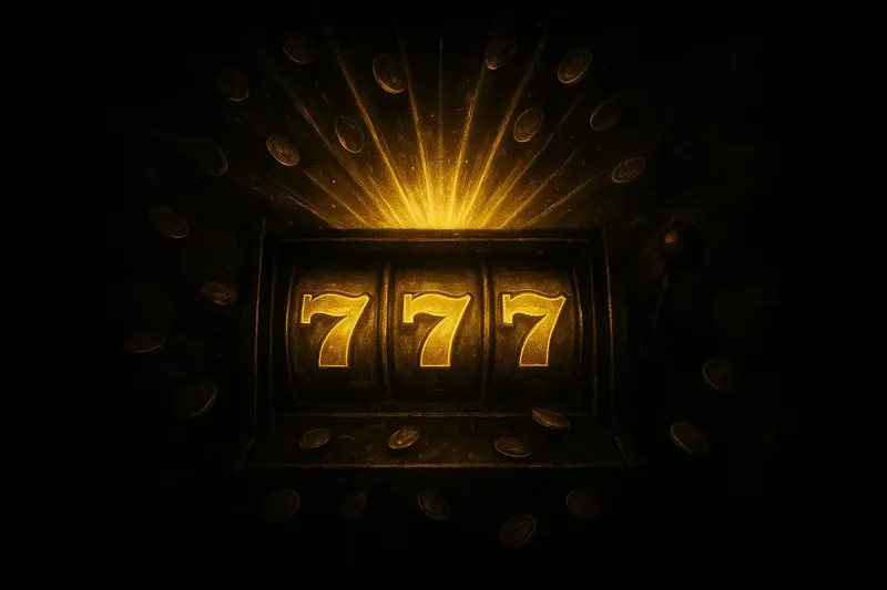 Slot machine jackpot with golden 777, coins, and exploding light beams